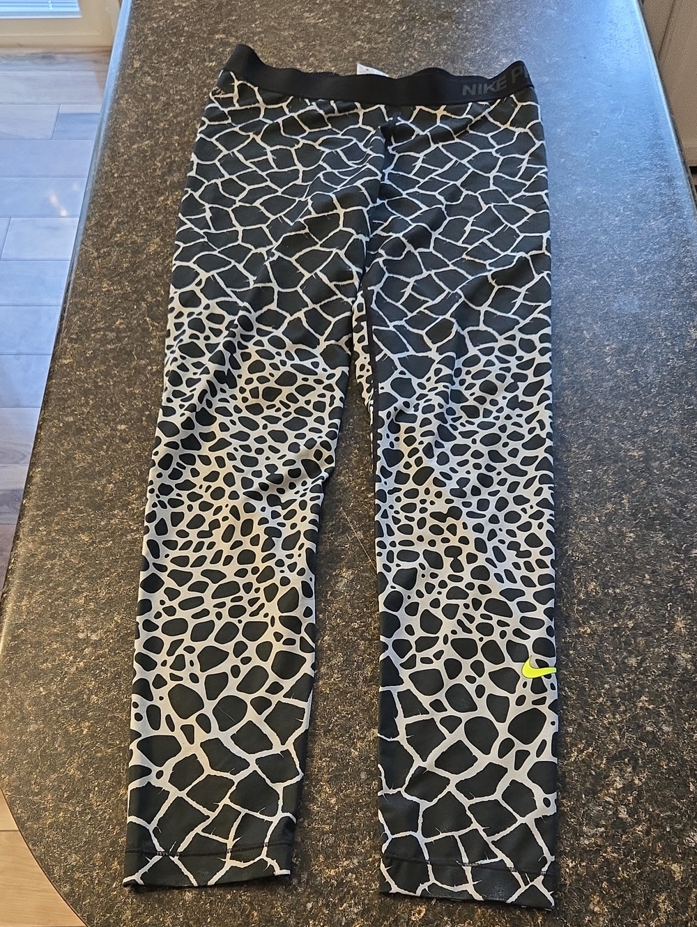 Nike Black & Gray Animal Print Leggings with Neon Yellow Swoosh